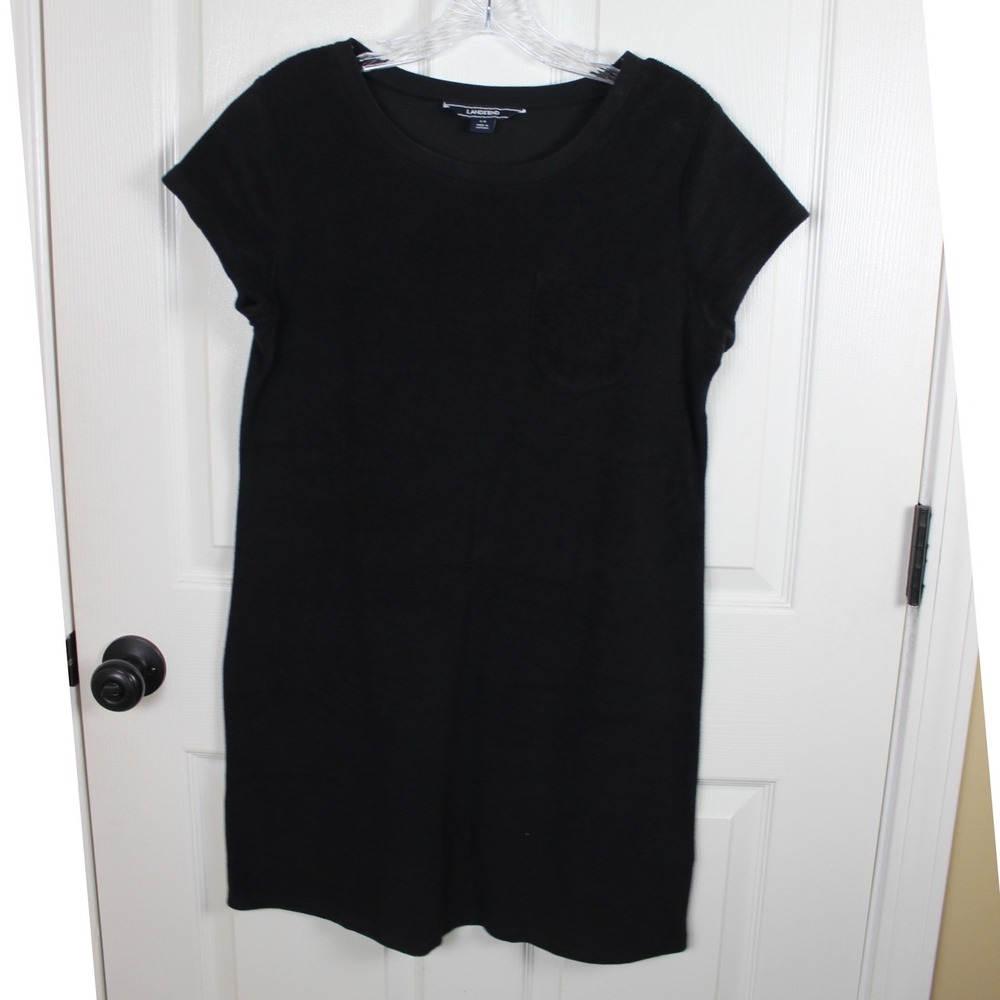 Lands' End Black Terry Cloth T-Shirt Dress Short Sleeve Pocket Shift 6-8 M